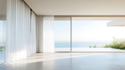 Fototapeta premium Glass windows with white silk curtains and overlooking to sea. Vector realistic interior of empty room in home or hotel with glass doors to balcony, terrace with railings