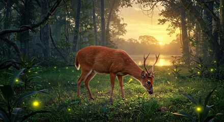 A Red Brocket Deer Grazing in a Lush Rainforest Clearing as Twilight Sets