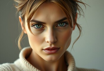Photorealistic natural light portrait of a woman with masculine features