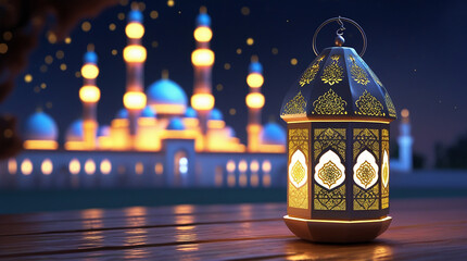 Beautiful Islamic Lantern Glowing at Night with a Majestic Mosque in the Background – Ramadan and Eid Concept
