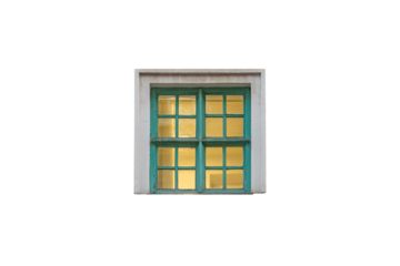 Illuminated light green old classic wooden closed window with many panes is isolated.