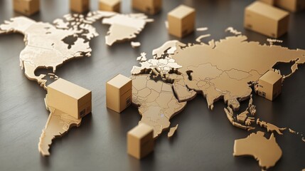 Global Shipping Network 3D World Map with Cardboard Boxes, 3D, Logistics, Delivery, Worldwide