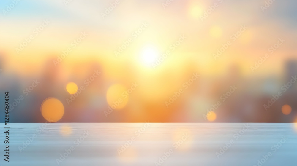 Poster serene sunset cityscape backdrop with a clean, empty table; ideal for product display or design proj