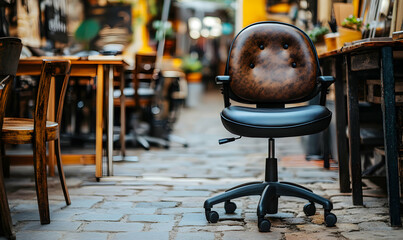 Stylish brown leather office chair outdoors on cobblestone street, amongst blurred cafe tables and chairs.