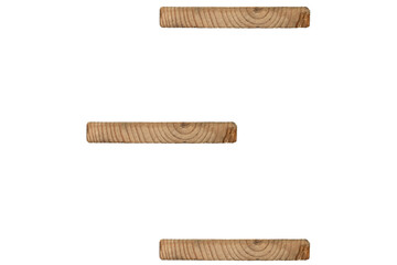 Three empty simple small minimalist wooden shelves is isolated with copy space.Shelves made of natural wood with visible grain patterns.