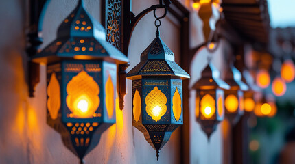 Traditional Moroccan Lanterns with Warm Golden Light – Festive Ramadan, Eid, and Oriental Decor Background