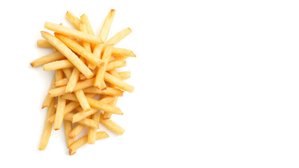 french fries on a white background. Stack of French fries, crispy and golden, a popular and delicious fast-food side dish, isolated on a white background Ai generated image