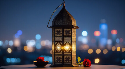 Beautiful Islamic Lantern with Candle Light and Red Roses Against a Blurred Cityscape – Romantic Ramadan and Eid Atmosphere, Middle Eastern Spiritual and Festive Night Aesthetic