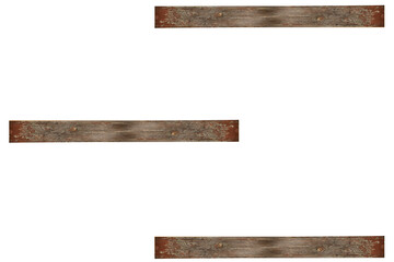 Three empty simple minimalist shelves made of old wooden boards with peeling brown paint is isolated with copy space.