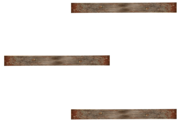 Three empty simple minimalist shelves made of old wooden boards with peeling brown paint is isolated with copy space.