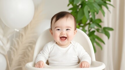 Fototapeta premium Happy Baby in High Chair with Balloons and Plants