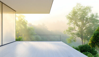 Fototapeta premium Serene sunrise view from a modern balcony overlooking a misty forest. Ideal for architecture, real estate, and lifestyle projects.