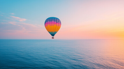 Fototapeta premium Hot Air Balloon over Ocean at Sunset: A vibrant hot air balloon drifts serenely over a calm ocean at sunset, the pastel colors of the sky mirroring the balloon's design.