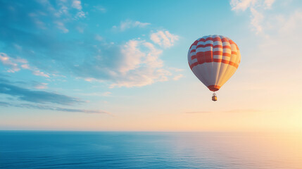 Fototapeta premium Hot Air Balloon Sunrise: A vibrant hot air balloon drifts serenely across a tranquil ocean at sunrise, painting a breathtaking panorama of color and freedom. 