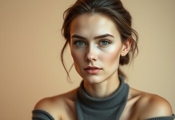 Photorealistic natural light portrait of a woman with masculine features