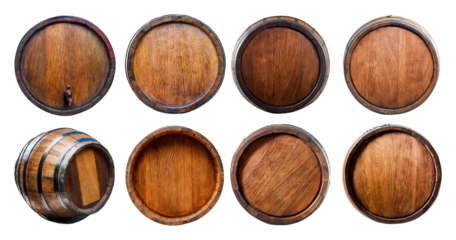 Various Wooden Barrel Designs with Different Top Views and Textures, isolated on transparent background