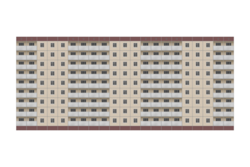 Prefabricated nine-storey panel apartment building, lined with beige tiles is isolated. The house has balconies.