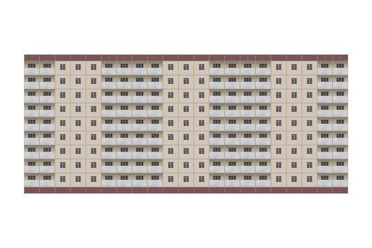 Prefabricated nine-storey panel apartment building, lined with beige tiles is isolated. The house has balconies.