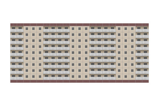 Prefabricated nine-storey panel apartment building, lined with beige tiles is isolated. The house has balconies.