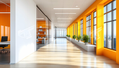 Modern office hallway with bright orange walls, large windows offering city views, and sleek wooden floors.  Perfect for showcasing contemporary workspace design.
