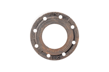 Iron rusted pipe with bolt holes on frame around the pipe. isolated on white background. Side view, cross-section of a concrete drainage pipe.