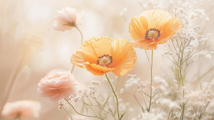 A dreamy floral still-life featuring an artistic curation of vibrant orange poppies, soft pink ranunculus, and tiny sprigs of baby's breath