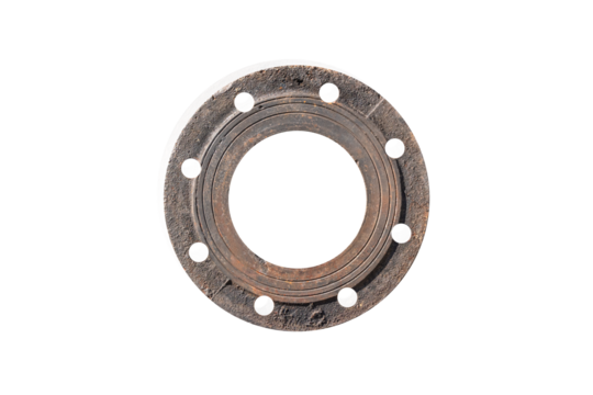Iron rusted pipe with bolt holes on frame around the pipe. isolated on white background. Side view, cross-section of a concrete drainage pipe.