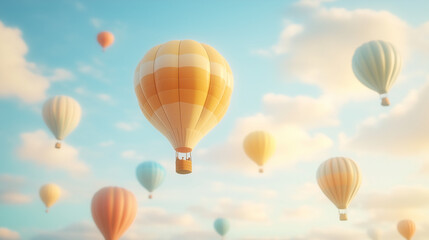 Obraz premium Hot Air Balloon Soaring: A whimsical flight of colorful hot air balloons against a backdrop of a breathtakingly blue sky with fluffy white clouds, symbolizing freedom, adventure, and new horizons. 