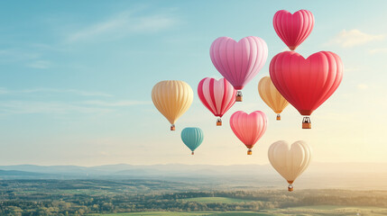 Obraz premium Love Takes Flight: A whimsical and romantic spectacle of colorful heart-shaped hot air balloons gracefully ascending against a backdrop of a hazy sunrise and rolling hills, symbolizing love, dreams.