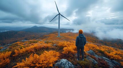 Obraz premium Graceful Wind Turbine Spinning on a Dramatic Cloudy Hillside Landscape with Dynamic Composition and Space for Text Overlay