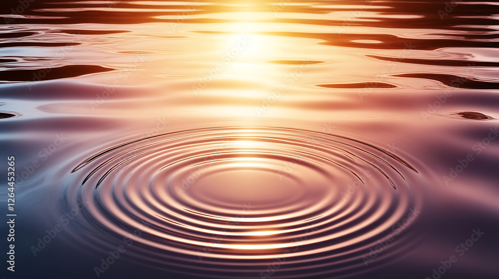 Poster calm water ripple effect with reflections of setting sun creating serene atmosphere