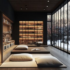 Tranquil library interior featuring bookshelves pillows and a snowy vista