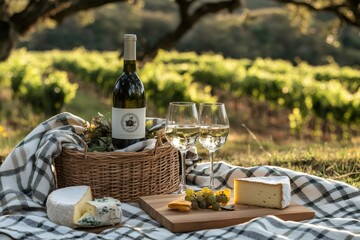 Glasses of white wine and cheese platter enjoying a picnic in the vineyard