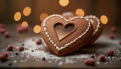 Decorative gingerbread cookies in heart shape, festive mood, sweet treat with bokeh lights, copy space