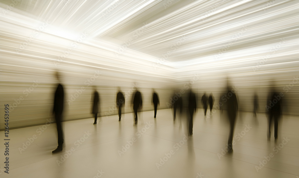 Poster abstract motion blur image of anonymous figures walking in a modern, brightly lit interior space. a 