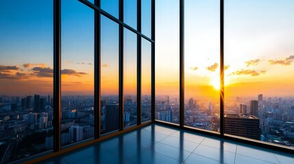 Fototapeta premium Stunning Sunset View Through Glass Skyscrapers Reflecting Vibrant City Colors