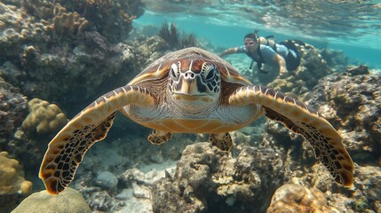 Fototapeta premium close-up of a sea turtle swimming in the sea