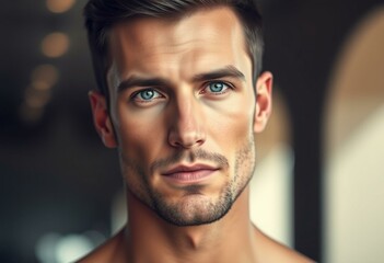 Obraz premium Portrait of a man with blue eyes and facial features