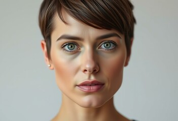 Photorealistic natural light portrait of a woman with masculine features