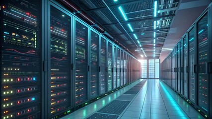 Futuristic AI-driven server room with neon-lit servers, holographic data processing units, and cybersecurity defense systems protecting business intelligence data