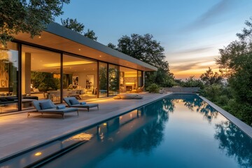 Fototapeta premium Modern luxury villa with infinity pool reflecting sunset