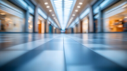 Fototapeta premium Abstract blurred image of a modern shopping mall corridor, showcasing sleek flooring and a perspective emphasizing depth and motion.