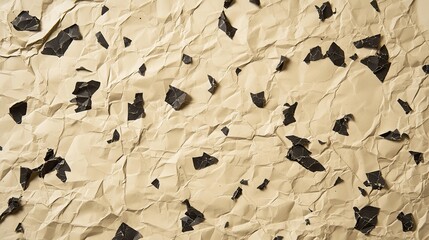 Naklejka premium Crumpled beige paper, black scraps, textured background, design element