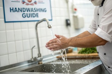A person washes their hands at a sink while following a handwashing guide, promoting hygiene in a kitchen setting.