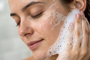 Naklejka premium A woman gently cleanses her face with a foamy cleanser, showcasing a fresh, radiant complexion in a serene setting.