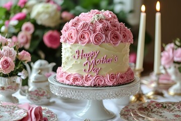 Fototapeta premium Decorated cake celebrating Mother's Day on elegant table setting