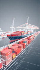 Fototapeta premium Trading harbor port with Cargo ship Import Export Logistic Tariff Dock Shipment Commerical Shipping Business colorful 3D wireframe illustration