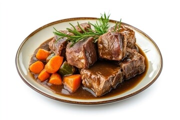 Plate of delicious meat dish - braised pork cheeks with gravy and vegetables. Isolated over white background