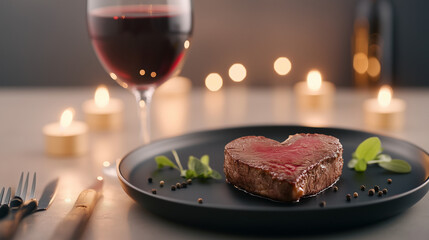 Romantic Heart-Shaped Steak Dinner: A heart-shaped, perfectly seared steak sits on a black plate, garnished with fresh herbs and peppercorns.
