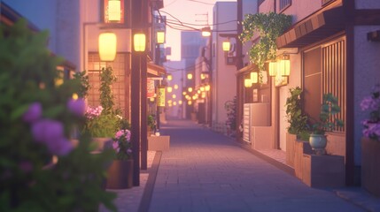 Fototapeta premium Cozy Back Alley Atmosphere with Soft Lantern Light and Plants